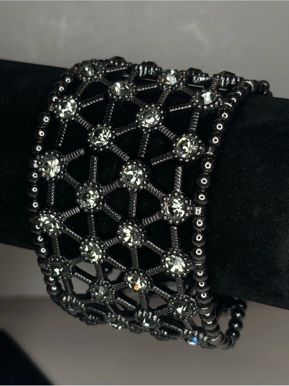 Y2K‎ Gunmetal Glass Rhinestone Wide 2” Cuff Bracelet Goth Glam Statement